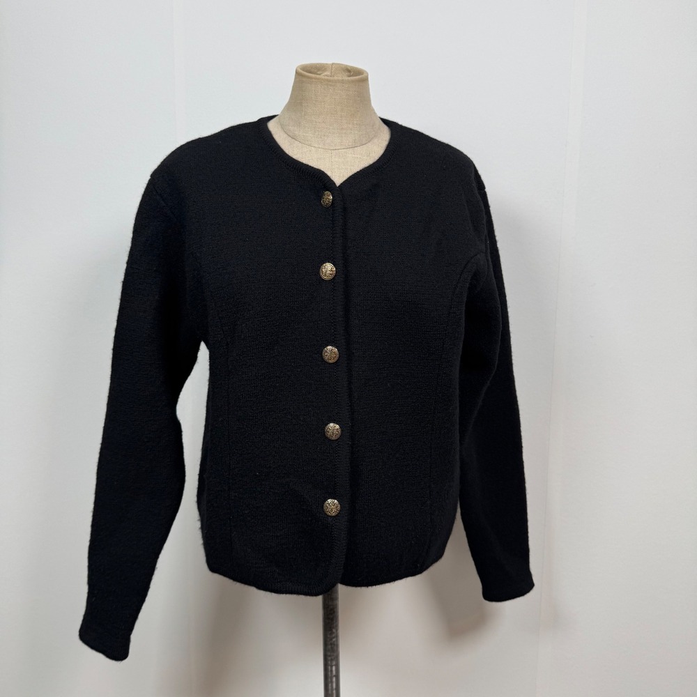VTG Herman Geist PM Black Boiled 100 Wool Cardigan Gold Button Preppy Girl Boss